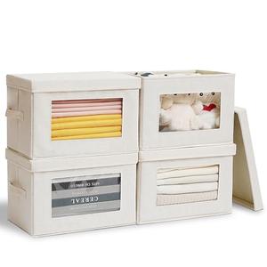 Anywish Citylife 4-Pack Storage Bins with Lids, Fabric Foldable Storage Bins with Soft Cord Handles, Cube Closet Storage Baskets with Lids, Organizers for Organizing Clothes and Books, Beige