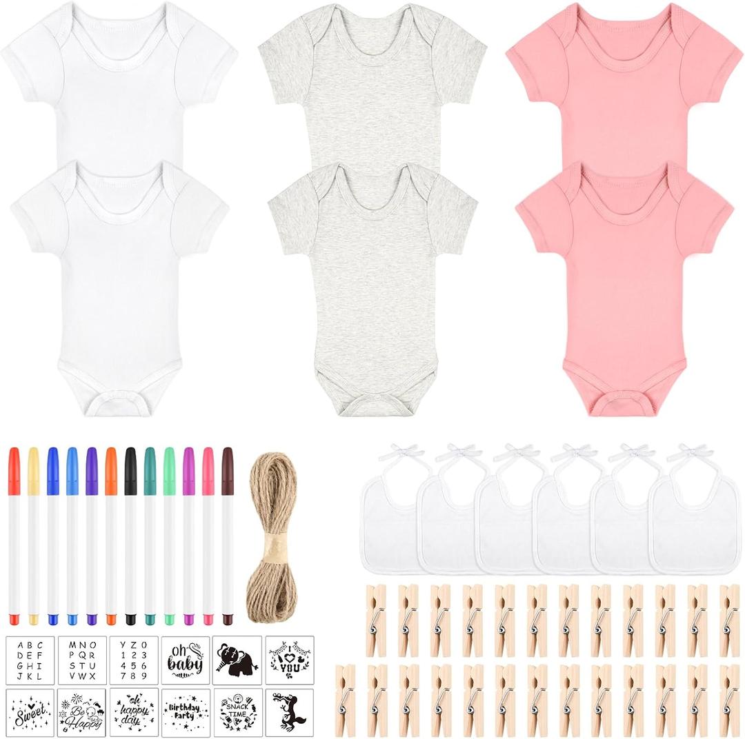 BOUBONI 220 Pcs DIY Baby Bibs Bodysuit Set Baby Shower Game 24 White Baby Bibs 24 Newborn Bodysuit 24 Fabric Markers 48 Stencils 100 Clothespins 2 Hemp Ropes for Baby Shower Boys Girls, 3 Sizes(0-3 Months, 3-6 Months, 6-9 Months)
