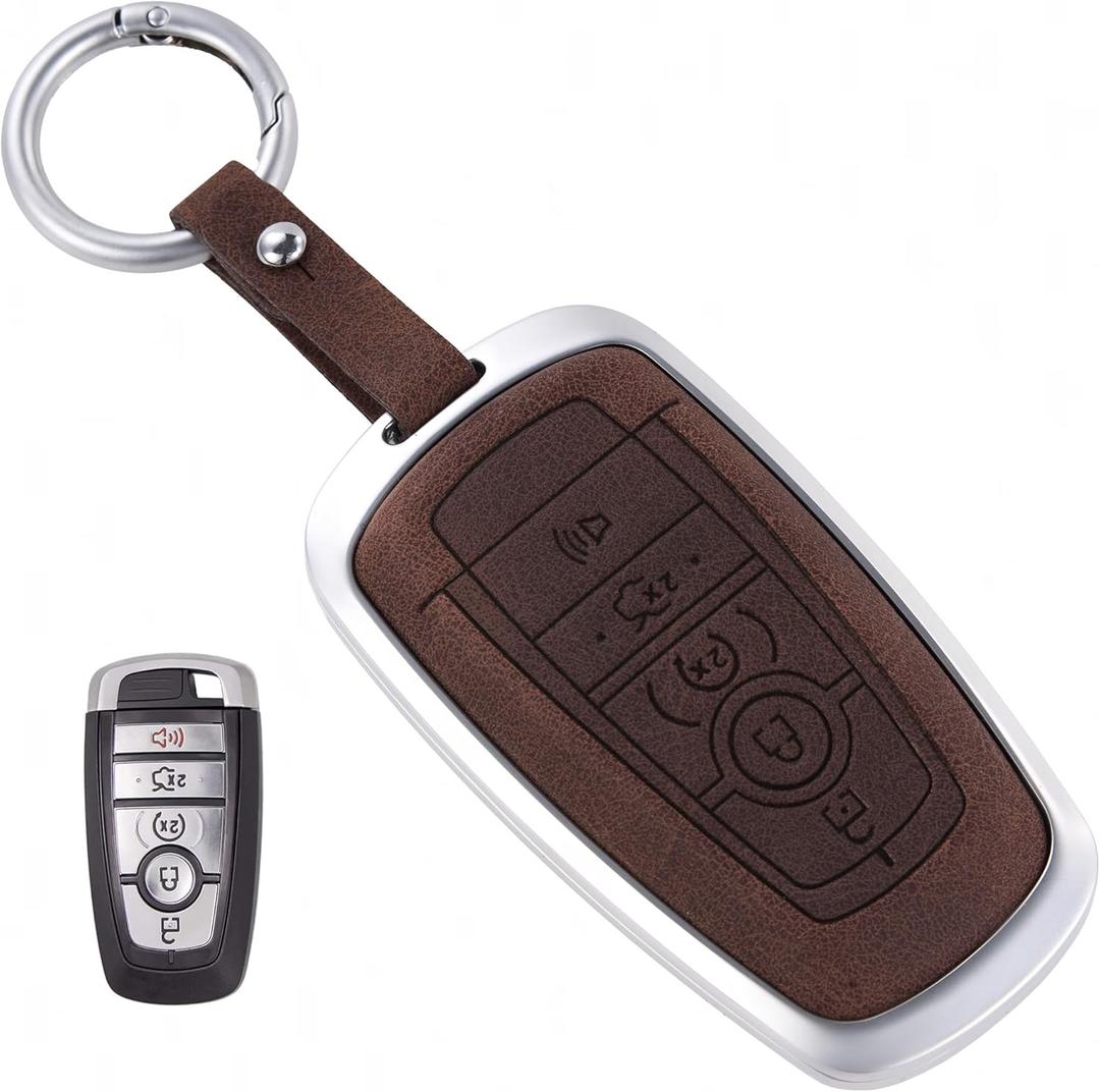 for Ford Key Fob Cover, Leather Key Shell Case Compatible with Bronco Explorer Edge Escape Expedition F150 F250 F350 Fusion Mustang Ranger (5 Buttons) (Brown)