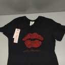 Women's Rhinestone Fitted Tight Snug Shirt Sexy Red Lips (Medium, Black Tank Top)