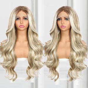 Highlight Blonde Lace Front Wig for Women 13x4 Body Wave Synthetic Wigs Balayage Pre-plucked Long Wavy Wig 150% Density Heat Resistant Hair Replacement Wigs 26 Inch