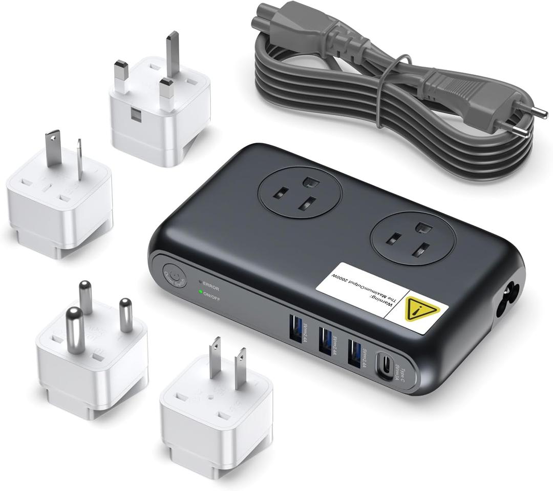 220V to 110V Voltager Converter, 230W Universal Travel Adapter with 4 USB Ports, 2 Outlets and EU/US/UK/AU/in Plug Power Converter Adapter Combo, Step Down Converter for Curling Iron,Gray