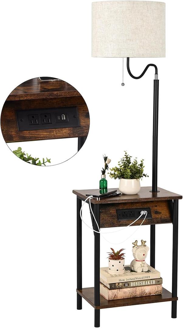 FIMEI Floor Lamp with Table, End Table with Charging Station USB Ports & Outlets, Bedside Table 3 Color Temperature Reading Light, Nightstand with Shelves for Living Room, Bedroom, Apartment