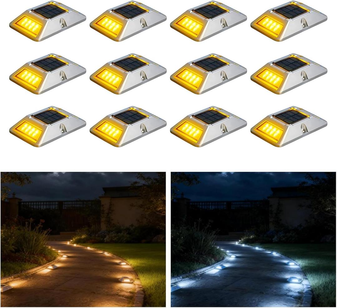 VATION LIGHTING Driveway Solar Dock Lights, 2 Colors Driveway Lights Solar Powered, IP67 Waterproof, Aluminum LED Outdoor Marker Deck Lights for Driveway, Pathway, White/Yellow, 12 Pack, FCC