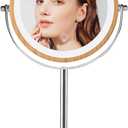Lighted Makeup Mirror, Rechargeable 8" Bamboo Vanity Mirror, 1x/10x Magnifying Vanity Mirror with 3 Colors Dimmable Lightning, 360 Rotation Double Sided Cosmetic Light up Mirror