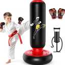 QPAU Kids Punching Bag Toy with Boxing Gloves, 66 Inch Larger Stable Kids Inflatable Boxing Bag Set, Gifts for Boys & Girls Age 6-12, for Practicing Karate, Taekwondo, MMA (Black&Red)