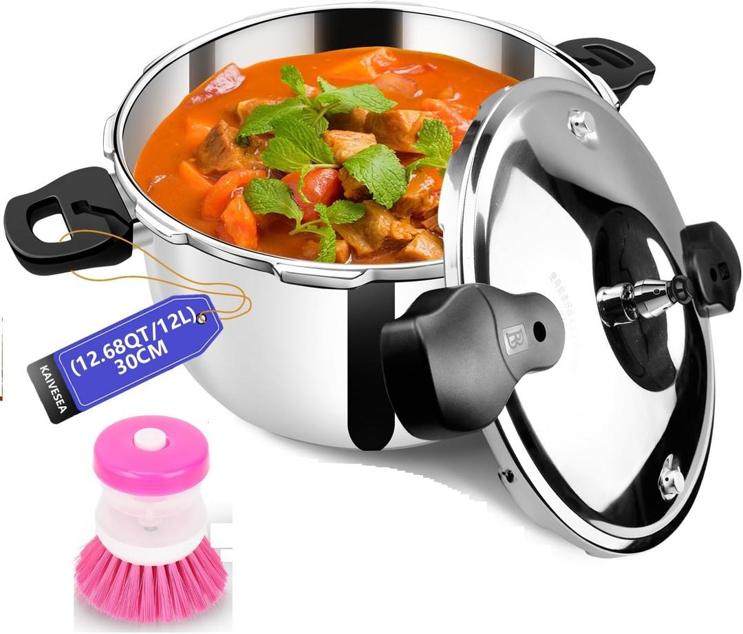 Stainless Steel Pressure Cooker 12 quart Peterboo Induction Compatible Thickened Pressure Cooker with Spring Valve Safeguard Devices, Compatible with Gas & Induction Cooker 8-12 people Use
