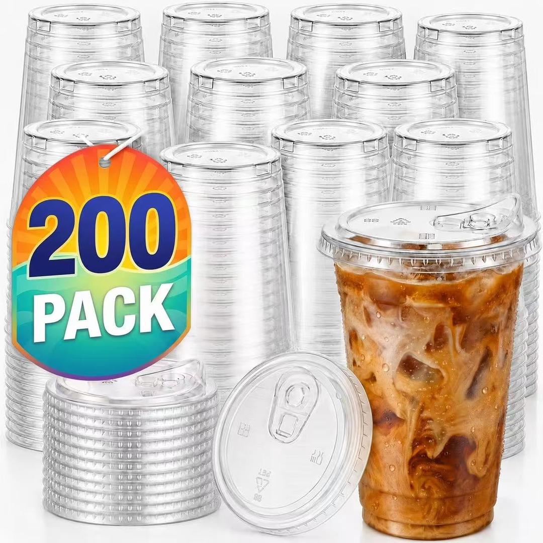 200 Pack 16 oz Plastic Cups with Lids, Iced Coffee Cups, Strawless Sip Lids (EXP 01/08/27)