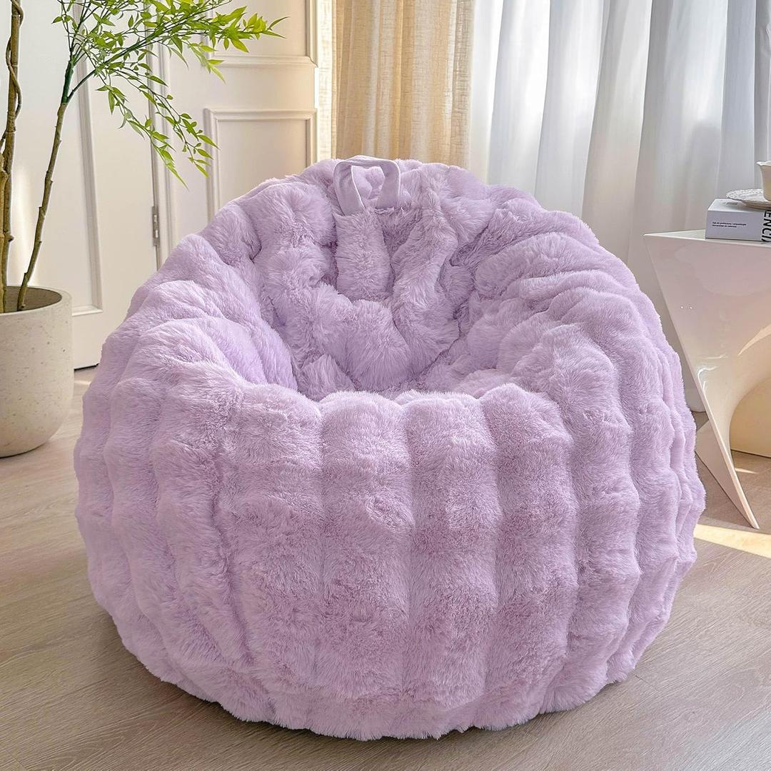 LIFEREVO Fluffy Faux Rabbit Fur Bean Bag Cover (No Filler), Big Fuzzy Stuffed Animal Storage Bubble Waffle Bean Bag Chair for Plush Toys, Comfy Shaggy Furry Beanbag Cover Kids Girls Adults, Lavender (Large(38"x38"x40"))