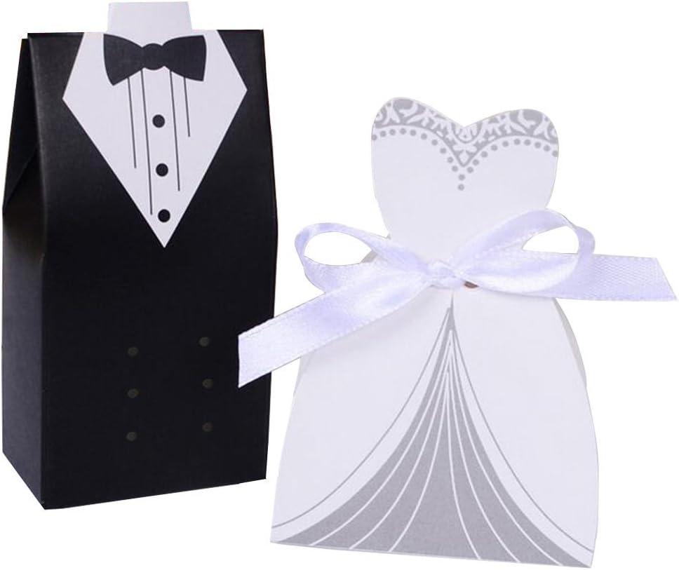Rbenxia Wholesale Wedding Favors Wedding Party Favor Boxes Creative Tuxedo Dress Groom Bridal Candy Gift Box with Ribbon 100pcs