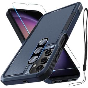 RMOCR Case for Samsung Galaxy A15 5G, Full Body Heavy Duty Rugged Shockproof Protective Phone Cover with Lanyard Strap, Tempered Glass Screen Protector and Camera Lens Cover, Navy Blue