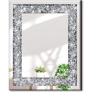Rectangle Sparkling Decorative Wall Mirror for Home Decoration with Silver Crystal Crush Diamond Dcor, Dimention16x20x1 inch, Wall Hang Frameless Mirrors Glass Diamond Dcor. (16"L x 20"W)