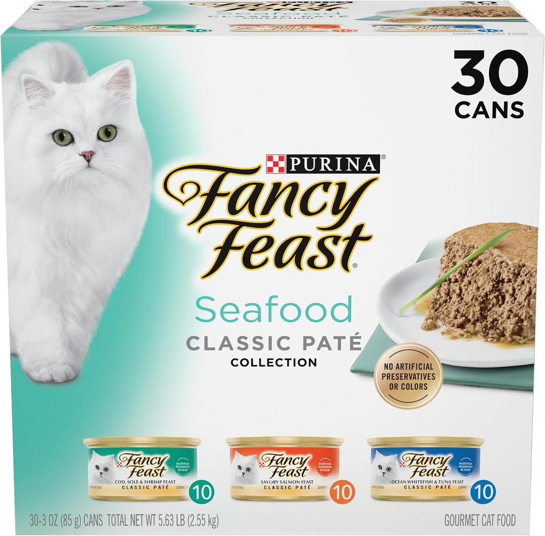 Purina Fancy Feast Seafood Classic Pate Collection Grain Free Wet Cat Food Variety Pack - (Pack of 30) 3 oz. Cans (EXP 03/31/28)