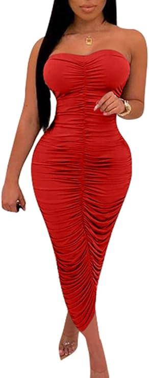 BEAGIMEG Women's Sexy Ruched Strapless Bodycon Tube Maxi Long Club Dress L