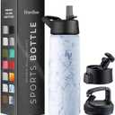 FineDine Triple Walled, Insulated Water Bottles with Straw - 25 Oz Stainless Steel Metal Bottle W/ 3 Leak Proof Lids - For Travel, School, Sports, Gym/Men, Women & Kids - Fresh White Marble