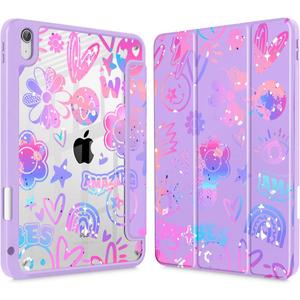 Tuiklol Case for iPad 11 inch (A16 Chip) 2025 Gen 11th / iPad 10.9 inch 2022 10th Gen, Buit in Pencil Holder with Shockproof Cover Clear Transparent Back Shell Auto Wake/Sleep,Fun Emotions Purple