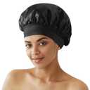 Silk Bonnet for Sleeping Women - Waterproof Shower & Sleep Hair Protector, Adjustable Silk Night Cap for Curly/Natural Hair (Large, Black)