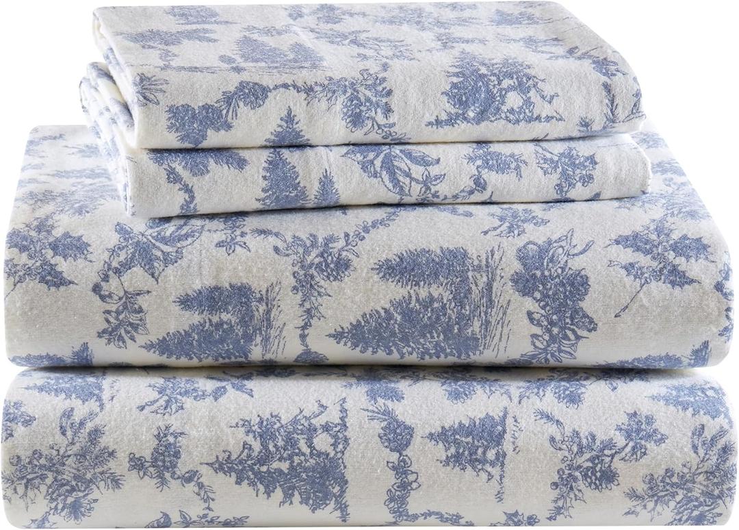 True North by Sleep Philosophy Cotton Sheet Set Cozy Print 100% Cotton Flannel Sheets Set, Oversized Sheets, Deep Pocket Fits Up to 14" Mattress Cal King Bed Sheets Cal King Toile Pine Trees 4pc