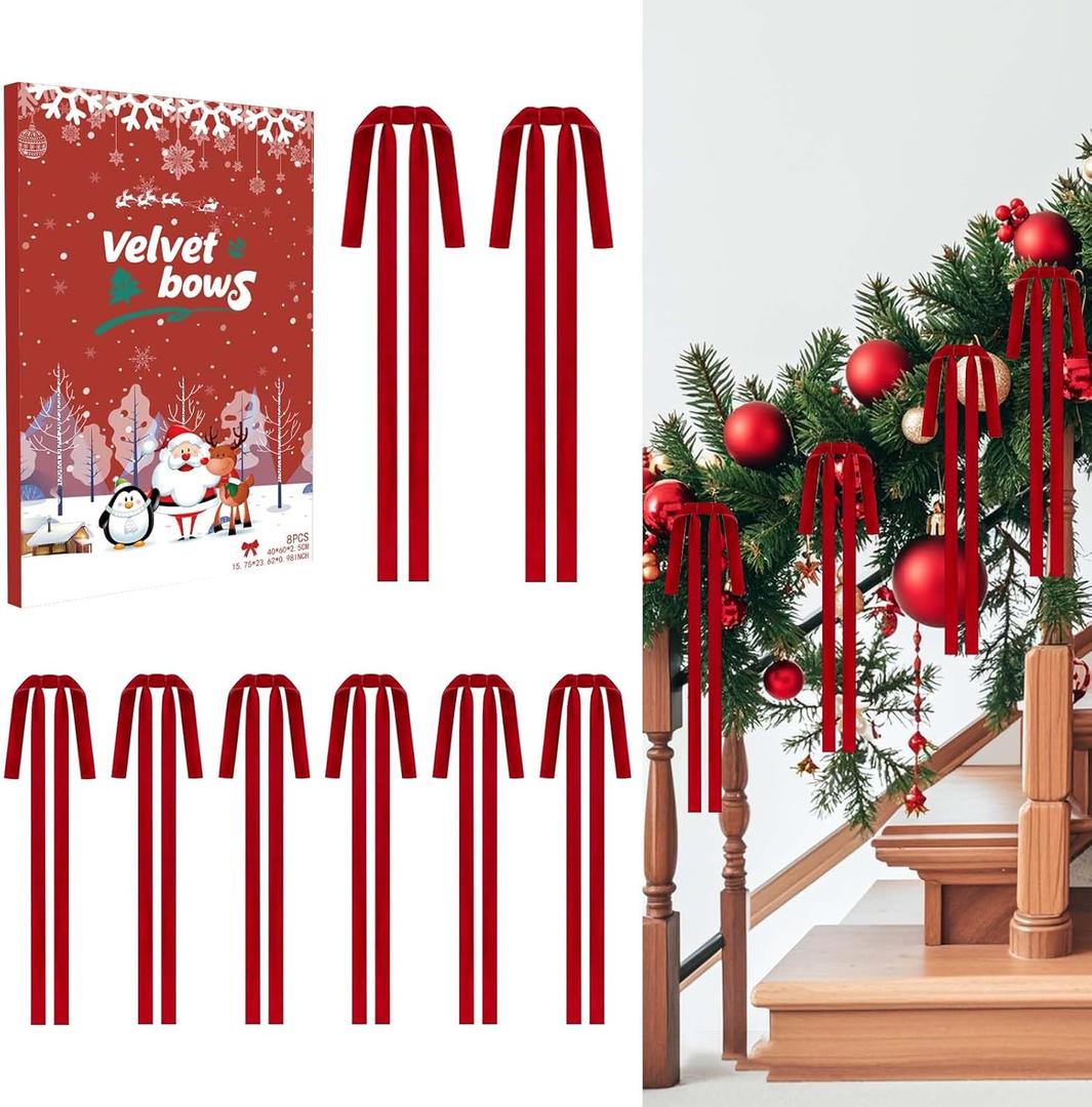 8Pcs Large Long Velvet Bows for Christmas Tree - Big 15.723.6 Inch Vintage Ribbon Bows, Xmas Tree Ornaments for Garland, Wreath, Fireplace, Door & Gift Wrapping, Holiday Home Decor Bows (Red)