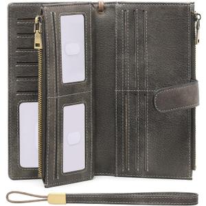 GOIACII Womens Wallets Large Capacity Credit Card Holder Rfid Wallet Women Double Zipper Pocket Leather Bifold Ladies Wristlet Clutch Wallet (Grey)
