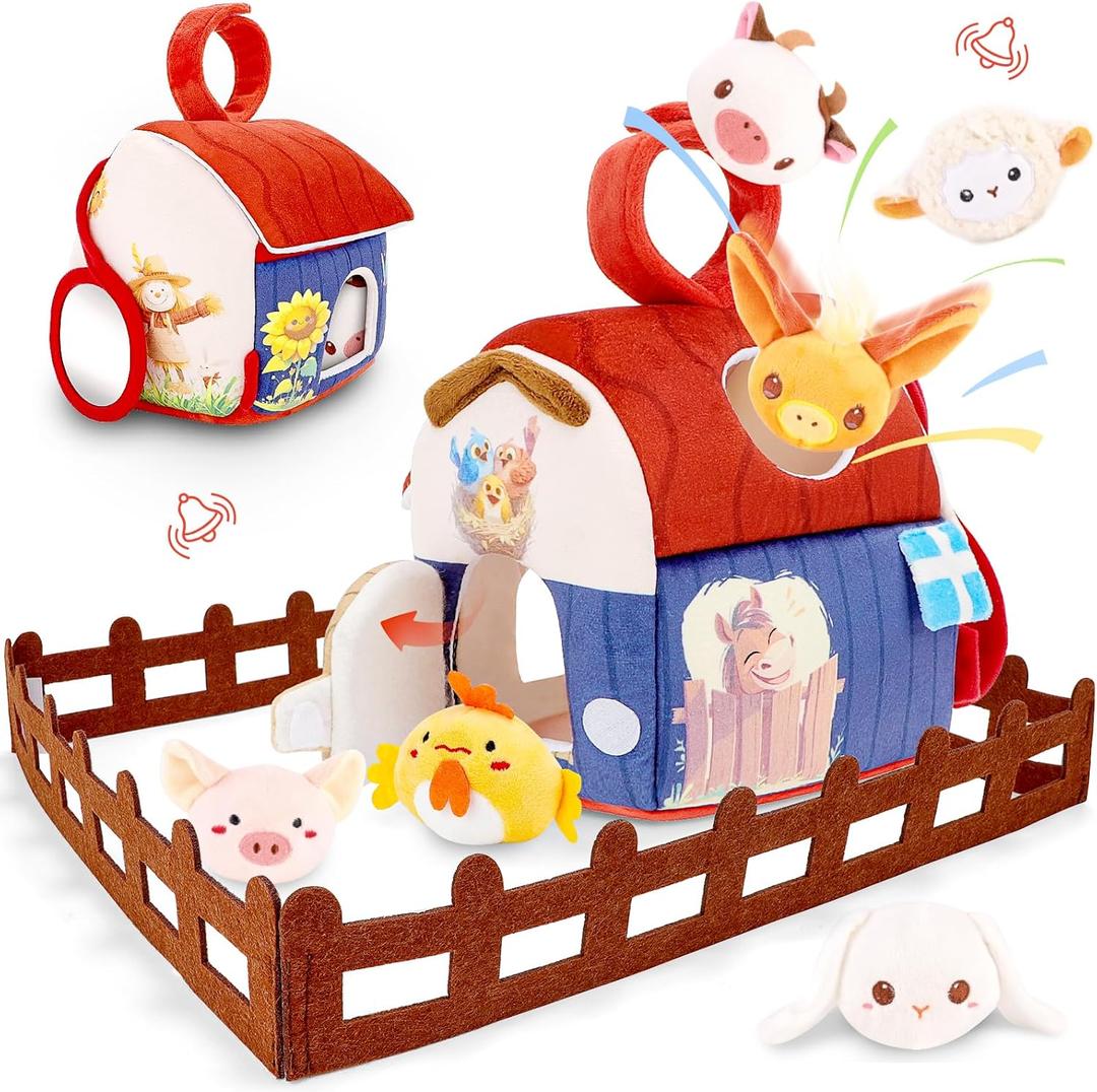 deAO Baby Toys 6-12 Months Soft Barn Toy Stuffed Farm Animal Playset with Rattle, Crinkle Paper Mirror for 6 Month Old Babies Sensory Infant Toy for Toddlers Boys Girls Age 1+ Birthday Gifts