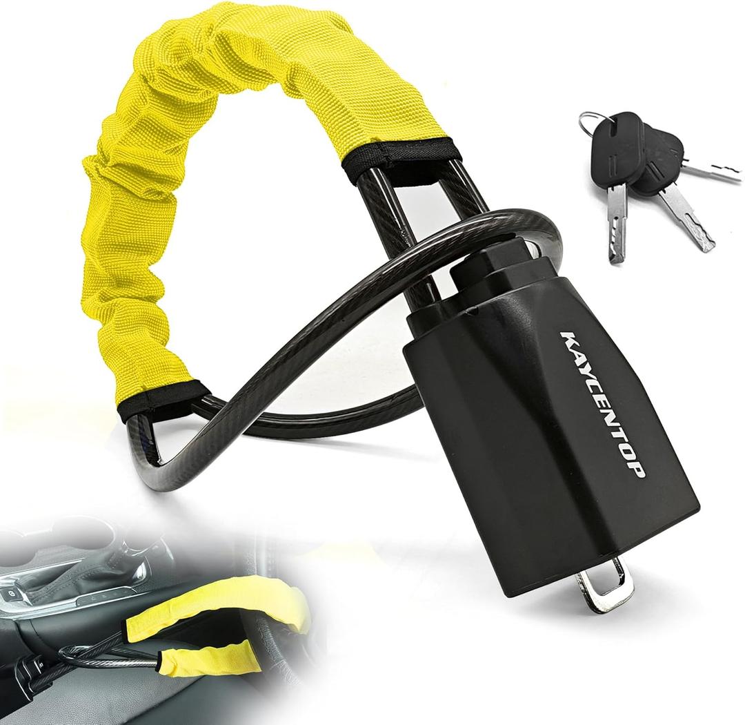 KAYCENTOP Car Steering Wheel Lock, Seat Belt Lock, Anti-Theft Device, Max 17 Inch Length, Small and Light-Weight, Multi-Functional, Fit Most Vehicle, SUV, Golf Cart Security (Yellow)