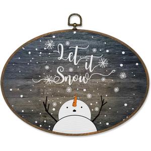 Sviojuce Winter Snowman Oval Wall Art Decor 8.6x11.4, Let It Snow Framed Canvas Prints Wall Artwork, Vintage Christmas Wall Hanging Decor for Farmhouse Bedroom Living Room Decorations (gray)
