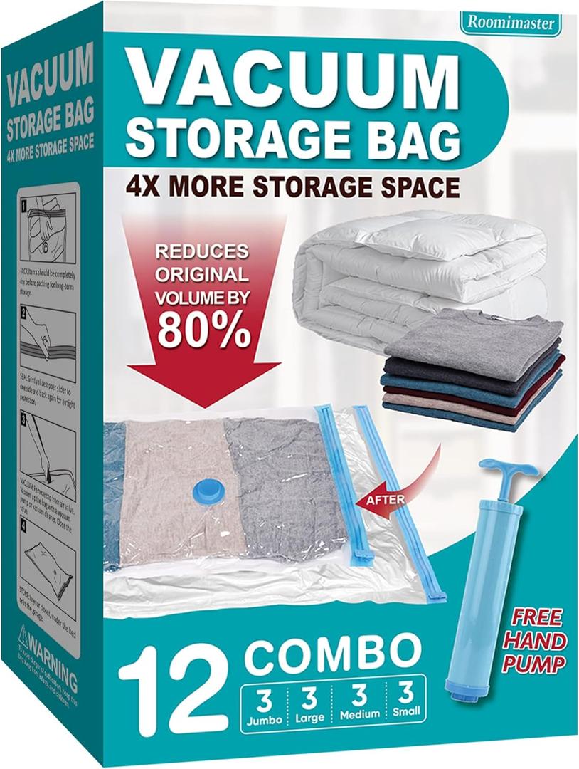 12 Pack Vacuum Storage Bags with Pump, Space Saver Vacuum Storage Bags, Vacuum Seal Bags for Clothing, Comfoters, Pillows, Blanket, Bedding