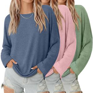 3 Pack Women's Oversized Y2K T-Shirts Crew Neck Long Sleeve Tops Loose Basic Tees Casual Workout Tees 2026 (Medium, Pink, Haze Blue, Light Green)
