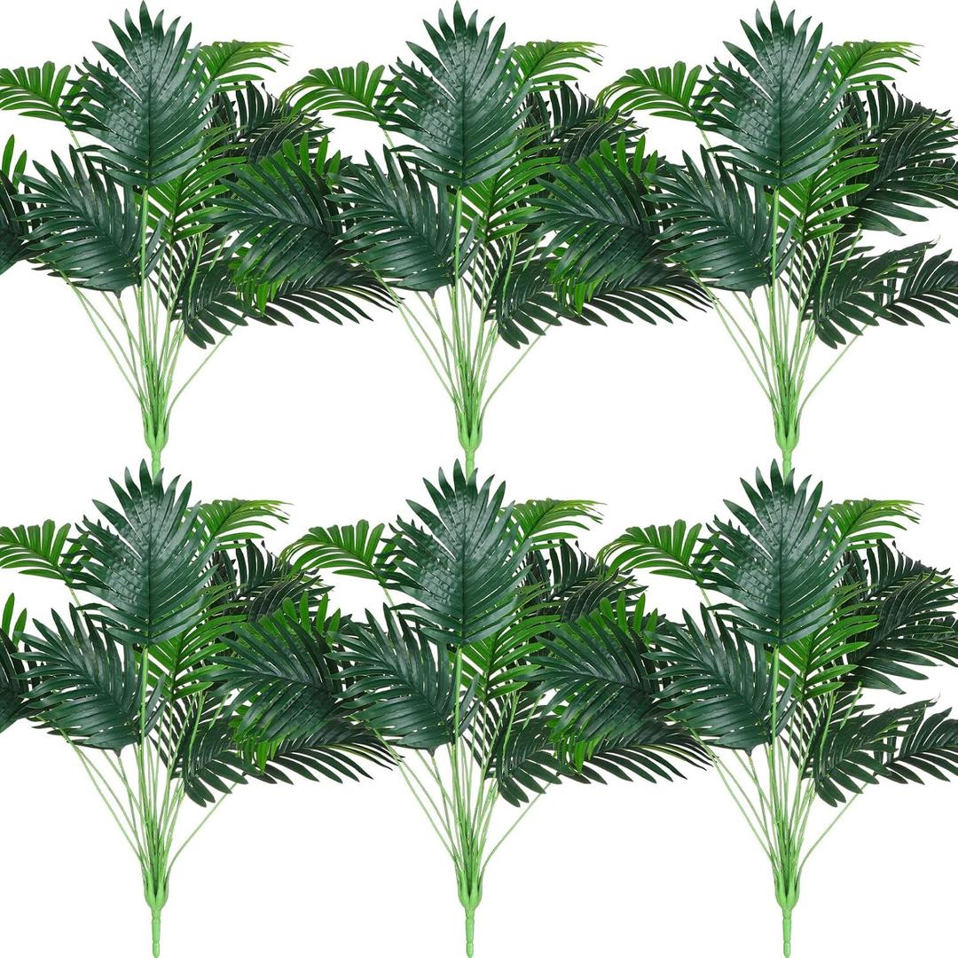 Tigeen 6 Pcs Artificial Palm Leaves Tree 33 Inch Fake Tropical Plant with Stems Large Faux Palm Leaf Bush Greenery for Hawaiian Luau, Jungle Safari, Pool Beach Party, Wedding, Garden, Indoor Outdoor