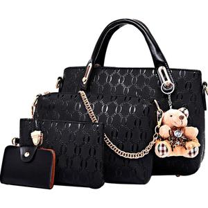 Women 4 Pcs Top Handle Satchel Hobo Handbag Set Large Tote +Purse +Shoulder Bag+Card Holder | 4 Pcs, Top Handle, Purse, Card Holder (Black)