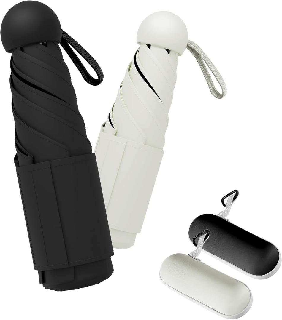 Travel Mini Umbrella Compact Small & Lightweight, UV Rain Protection, Pocket-Sized Folding Umbrellas with Quickdraw & Case for Men Women & Kids Backpack (NEW2-Pack Black&White)