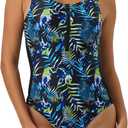 ECUPPER Women One Piece Tank Swimsuit Tummy Control Zipper Monokini Swimwear Vintage Floral Shaping Bathing Suit Built in Bra Green 10