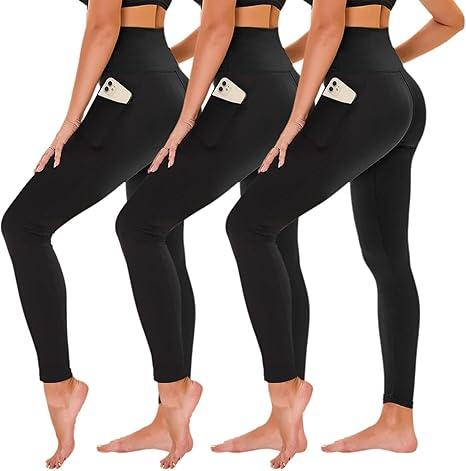 TNNZEET 3 Pack Leggings for Women - Black Tummy Control High Waisted Soft Yoga Pants for Workout Gym Running with Pockets (XX-Large, Black/Green/Coffee)