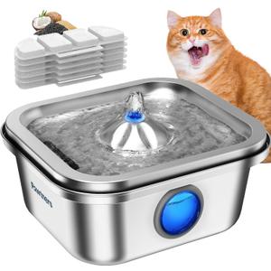 Cat Water Fountain Stainless Steel, 4L/135oz Cat Fountain, Automatic Dog Drinking Dispenser with Water Level Window, 6 Filters, Metal Pet Water Bowl Indoor, Quiet Pump, Easy Cleaning