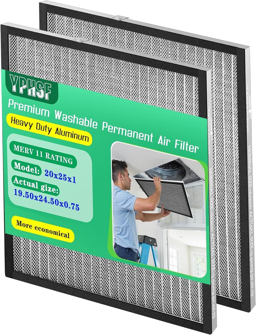 20x25x1 Air Filter, MERV-11 Rated Electrostatic Filter, Washable and Reusable Furnace Filter, Lifetime Durable, 2-Pack,(Actual Size: 19.50 × 24.50 × 0.75 inches)
