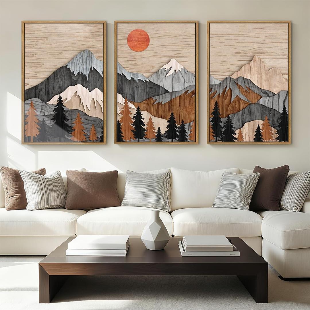 ANHUIB Mountain Wall Art 16x24 Inch Large Forest Wall Decor Woodcut Pine Tree Illustration Nature Wilderness Art Print Abstract Landscape Painting Set of 3 for Living Room Bedroom Office
