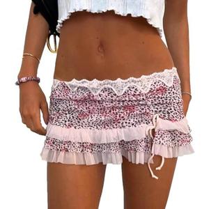 Women Y2K Lace Mini Skirt Low Rise Leopard Half Slip Skirt Contrast Ruffle Flowy Mesh Short Skirt Underskirt, Small
