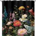 Riyidecor Black Floral Dark Wildflower Shower Curtain for Bathroom Decor 60Wx72H Boho Vintage Flower Blossom Leaves Plants Botanical Women Art Printed Fabric Polyester Waterproof 12 Pack Plastic Hooks
