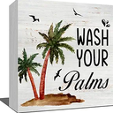 Palm Tree Tropical Bathroom Decor, Wash Your Palms Wood Box Sign Bathroom Decorations for Wall Shelf Toilet Restroom Desk Retro Plaque Keepsake 5 x 5 Inches