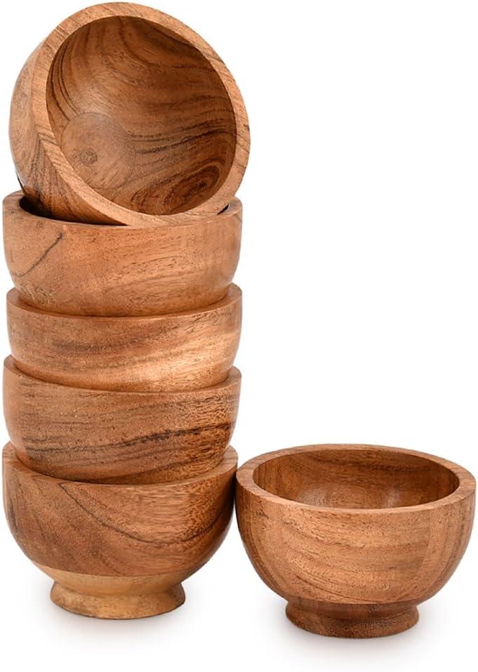 Bowl Set Acacia Wood Set of 6 Hand carved wooden Kitchen Mini Cups for dipping sauce, salsa, Prep, salt & Condiments (3" X 3" X 2")