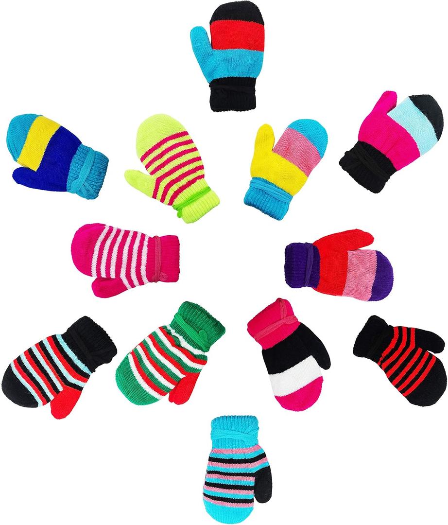 12 Pairs Kids Winter Gloves, Children Bulk Pack Fun Colorful Cute Magic Glove for Boys & Girls (2-6 Years, Assorted Striped Mittens)