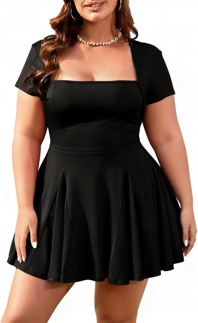 MAKABO Women's Plus Size Sexy Square Neck Short Sleeve A Line Mini Corset Dress with Ruffle Hem for Party Club Date Night