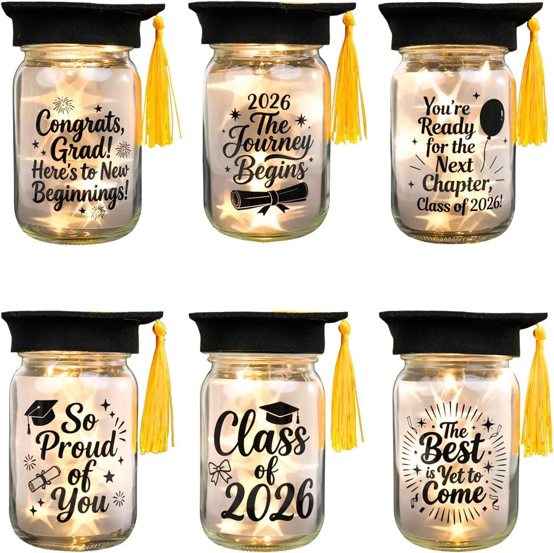 RAWILL 6 Sets Class of 2026 Graduation Centerpieces for Tables-Light Up Table Decorations with Mini Grad Caps,Graduation Mason Jar for College & High School Celebrations High School Party Supplies