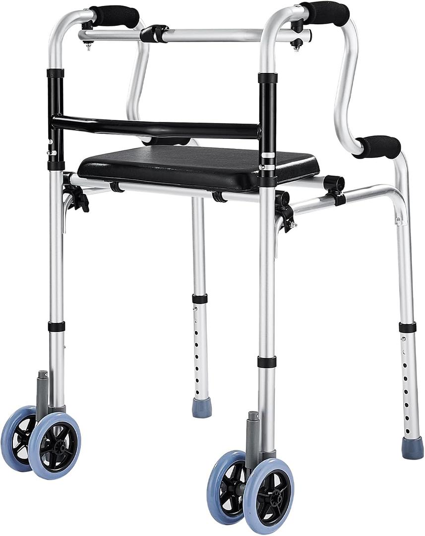 Folding Walkers with Seat 390LB,Rolling Walker with 8 Height Adjustments
