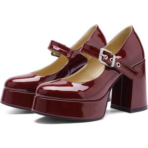 QIV Platform Mary Jane Heels for Women Chunky Block Heel Round Toe Closed Toe Dress Shoes (8.5, Burgundy)