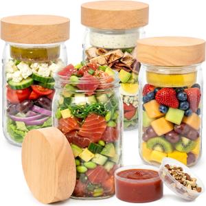 4 Pack Glass Salad Jars with Wooden Lids for Meal Prep, Leakproof Container with Two Small Built in Cups for Wet/Dry Separation for Salad Dressing and Ingredients, 32oz Mason Jars (Oak)