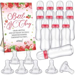 TrelaCo Cool Baby Shower Games Wooden Bottle Chug Sign Strawberry Theme Gift Sets and 12 Pcs Baby Bottle Shower Favor for Rustic Kraft Games Gender Reveal (Red)