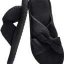 QIGEGE Slippers for Women with Arch Support House Slippers Bedroom Bubble Waffle Knit Fabric Bow Crossbands Slide Sandals Shoes Comfy Trendy Gift, Black Size 8