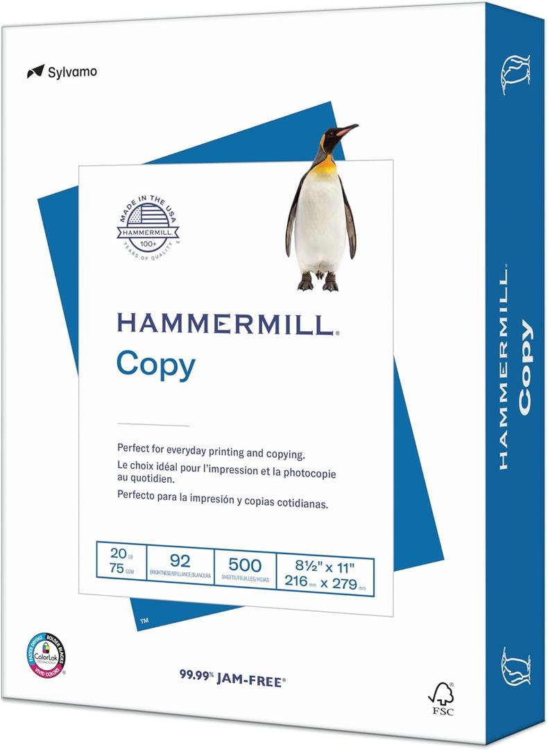 Hammermill Printer Paper, 20 lb Copy Paper, 8.5 x 11 - 1 Ream (500 Sheets) - 92 Bright, Made in the USA